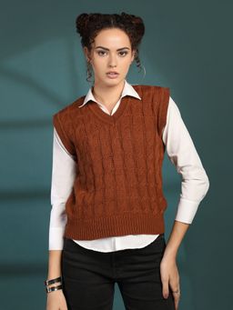CHKOKKO - Women Brown Cable-Knit Sweater