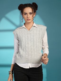CHKOKKO - Women Light Grey Cable-Knit Sweater