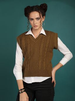CHKOKKO - Women Brown Cable-Knit Sweater
