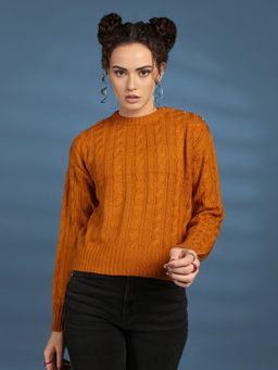 CHKOKKO - Women Mustard Cable Knit Textured Pullover Sweater