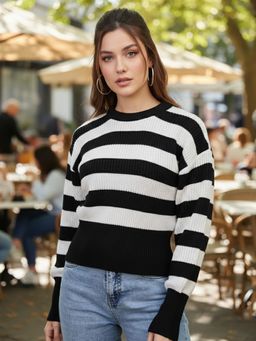 CHKOKKO - Women Black Striped Crew Neck Pullover Sweater