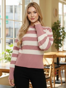 CHKOKKO - Women Pink Striped Crew Neck Pullover Sweater