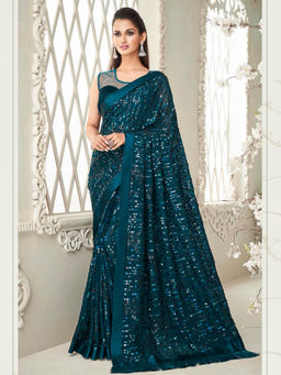 Odette - Sparkling Navy Blue Partywear Sequins Saree with Unstitched Blouse