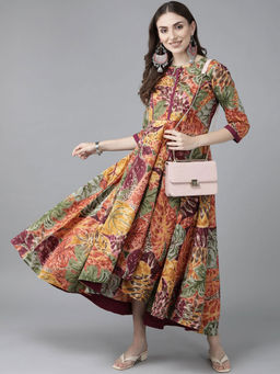 Rain & Rainbow - Women Mustard Yellow & Green Floral Pure Cotton A-line Midi Dress