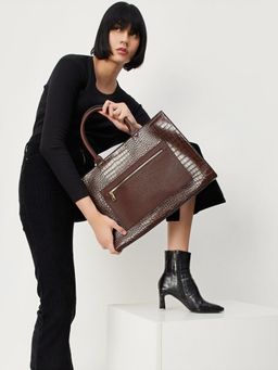 max - Women Croc-Textured Handheld Handbag With Detachable Strap - Brown