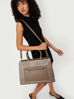 max - Women Croc-Textured Handheld Handbag With Detachable Strap - Beige
