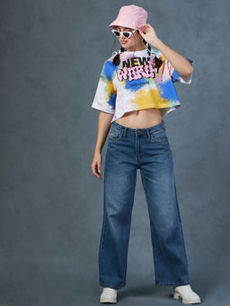 Bewakoof - Women's White & Yellow New World All Over Printed Oversized Crop T-shirt