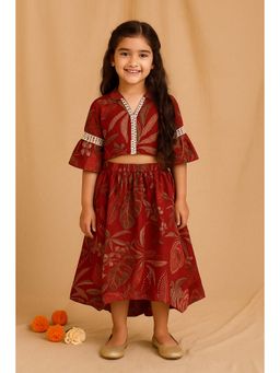 Tales & Stories - Girls Maroon Cotton Floral Co-Ord Set