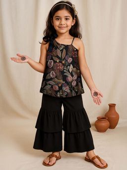 Tales & Stories - Girls Viscose Floral Kurta with Attached Dupatta and Sharara