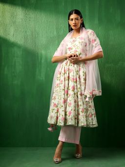 POMCHA - Adaa White Pink Rose Cotton Anarkali Kurta with Palazzo and Dupatta (Set of 3)