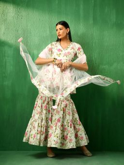 POMCHA - Adaa White Pink Rose Cotton Angrakha Kurti with Sharara and Dupatta (Set of 3)