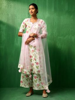 POMCHA - Adaa White Pink Rose Cotton Kurta with Palazzo and Dupatta (Set of 3)