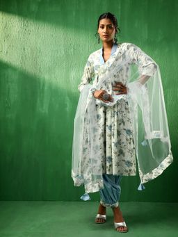 POMCHA - Adaa White Blue Rose Cotton Kurta with Salwar and Dupatta (Set of 3)