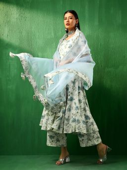 POMCHA - Adaa Blue Rose Cotton Anarkali Kurta with Palazzo and Dupatta (Set of 3)