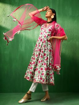 POMCHA - Adaa Pink White Cotton Anarkali Kurta with Palazzo and Dupatta (Set of 3)
