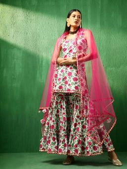 POMCHA - Adaa Pink White Cotton Kurti with Sharara and Dupatta (Set of 3)