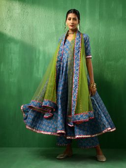POMCHA - Adaa Lotus Blue Cotton Anarkali Kurta with Palazzo and Dupatta (Set of 3)