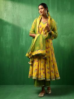 POMCHA - Adaa Yellow Cotton Anarkali Kurta with Palazzo and Dupatta (Set of 3)