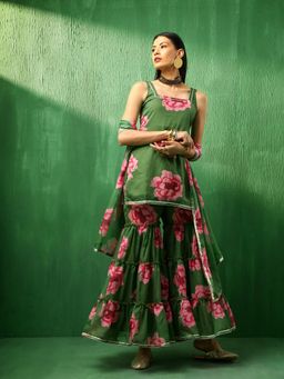 POMCHA - Adaa Green Carnation Organza Kurti with Sharara and Dupatta (Set of 3)