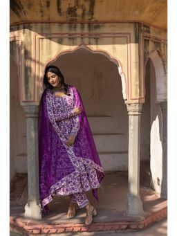 POMCHA - Monsoon Lilly Purple Cotton Anarkali Kurta with Pant and Dupatta (Set of 3)