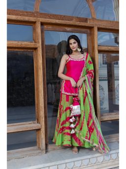 POMCHA - Golden Shower Pink Green Kurti with Sharara and Dupatta (Set of 3)