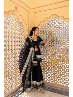 POMCHA - Black Beauty Cotton Kurti with Sharara and Dupatta (Set of 3)