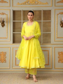 POMCHA - Saadgi Yellow Mirror Work Anarkali Kurta with Palazzo and Dupatta (Set of 3)