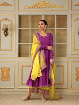 POMCHA - Saadgi Purple Bagni Lace Anarkali Kurta with Palazzo and Dupatta (Set of 3)