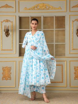 POMCHA - Saadgi White Blue Phool Anarkali Kurta with Pant and Dupatta (Set of 3)