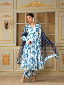 POMCHA - Saadgi White Blue Lilly Anarkali Kurta with Palazzo and Dupatta (Set of 3)