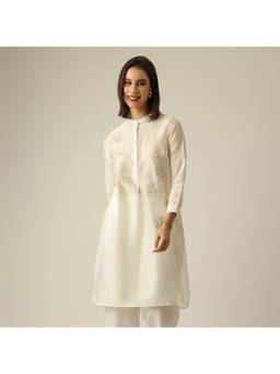 Saltpetre - Women Pearl White Pleated Tunic | Hand-Embroidered Lotus Motif