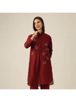Saltpetre - Women Maroon Pleated Tunic | Hand-Embroidered Lotus Motif