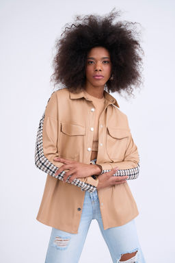 Sateen - Beige Colour-Block Pattern Shirt