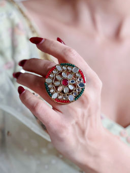 Azai by Nykaa Fashion - Ethnic Round Green & Red Mirror Work Ring