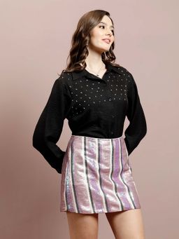 AAREIN - Black Embellished Collar Long Sleeves Pure Cotton Shirt and Skirt (Set of 2)