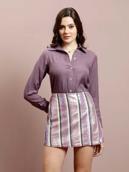 AAREIN - Purple Embellished Collar Long Sleeves Pure Cotton Shirt and Skirt (Set of 2)