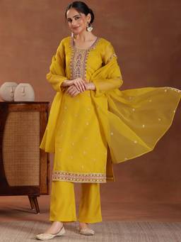 Libas - Mustard Organza Embroidered Kurta Sets for Women