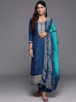Libas - Navy Blue Woven Kurta with Pant and Dupatta