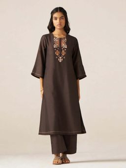 Ganga Fashions - Bracken Brown Silk Kurta with Pant (Set of 2)