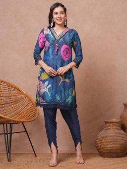 FASHOR - Blue Printed and Embroidered Straight Fit Kurta with Dhoti (Set of 2)