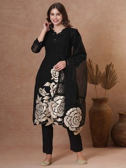 FASHOR - Black Patchworked Kurta with Pant and Dupatta (Set of 3)