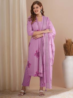 FASHOR - Lavender Printed Straight Fit Kurta with Pant and Dupatta (Set of 3)