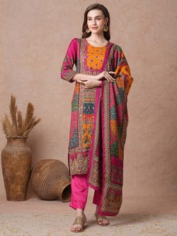FASHOR - Pink Ethnic Printed Straight Fit Kurta with Pant and Dupatta (Set of 3)