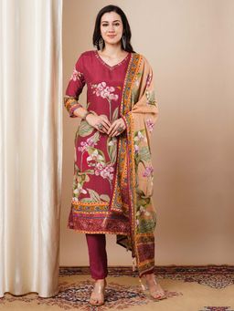 FASHOR - Maroon Floral Embroidered Kurta with Pant and Dupatta (Set of 3)