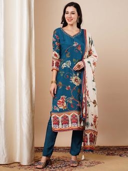 FASHOR - Blue Floral Printed and Embroidered Straight Fit Kurta with Pant and Dupatta (Set of 3)