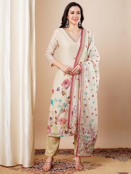 FASHOR - Cream Floral Embroidered Kurta with Pant and Dupatta (Set of 3)