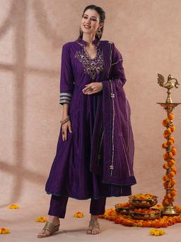 FASHOR - Purple Hand Embroidered Anarkali with Pant and Dupatta (Set of 3)