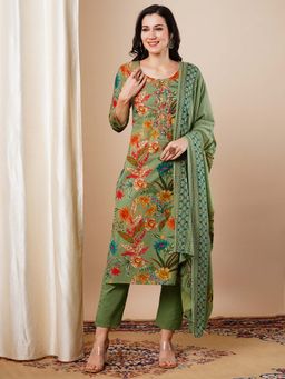 FASHOR - Green Floral Printed Straight Fit Kurta with Pant and Dupatta (Set of 3)