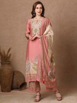 FASHOR - Pink Ethnic Floral Printed Straight Kurta with Palazzo and Dupatta (Set of 3)