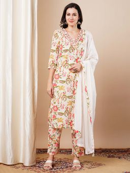 FASHOR - White Floral Printed Straight Fit Kurta with Pant and Dupatta (Set of 3)